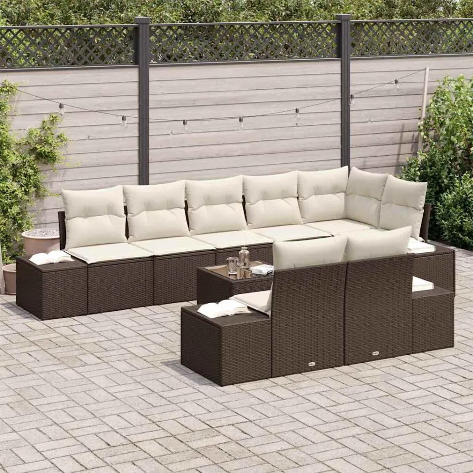 vidaXL Tuinbankenset 9 st Bruin en Crème Poly riet, foto 2