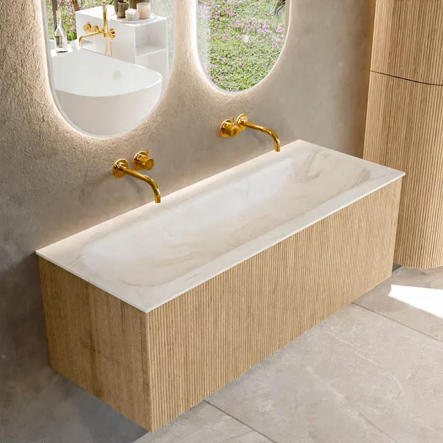 Mondiaz KURVE-DLUX 120 cm Onderkast Greeploos 1 Lade Zonder Deuren Oak, Wastafel Solid Surface Volledig Ostra 0 Kraangaten Zonder Spiegel (KRVBGL1201L0D0KM-Oak/Ost)
