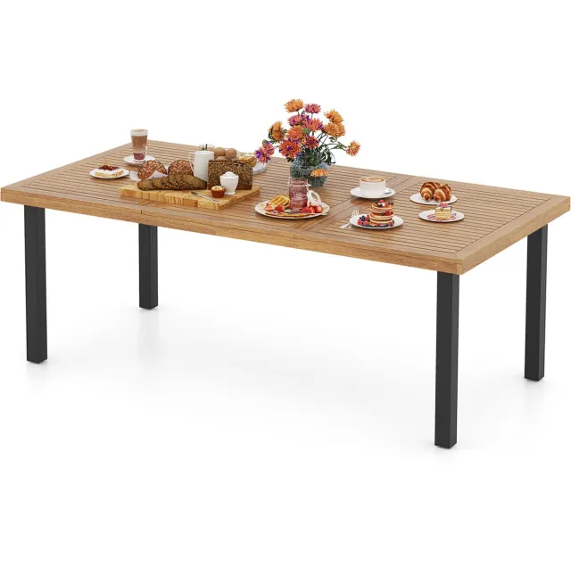 Costway Tuintafel met parasolgat, 200x100cm, grote terrastafel voor 8 personen, rechthoekig balkontafel van acaciahout, outdoor eettafel voor tuin en terras. Naturel + Zwart