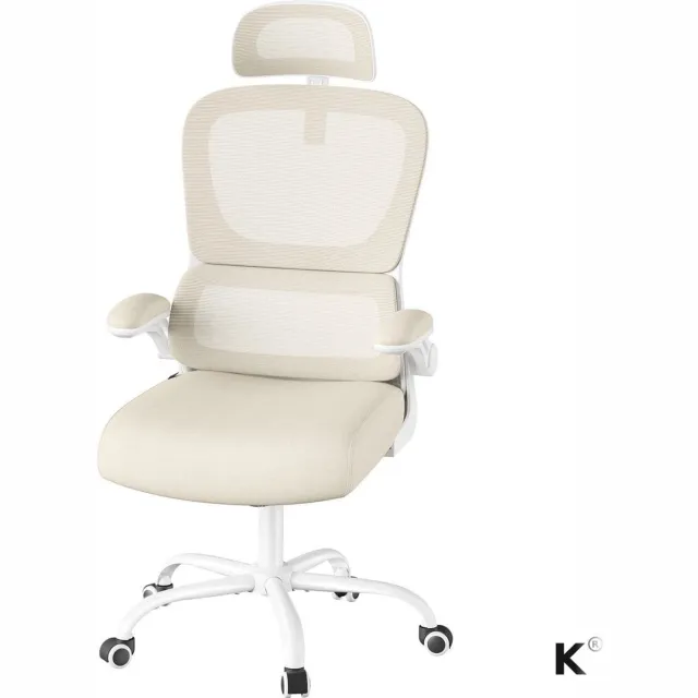 Klarven Bureaustoel Zandbeige - Ergonomische Bureaustoel - Office Chair - Ademend Dubbellaags Netstof - Verstelbare Lendensteun en Hoofdsteun - Opklapbare Armleuningen