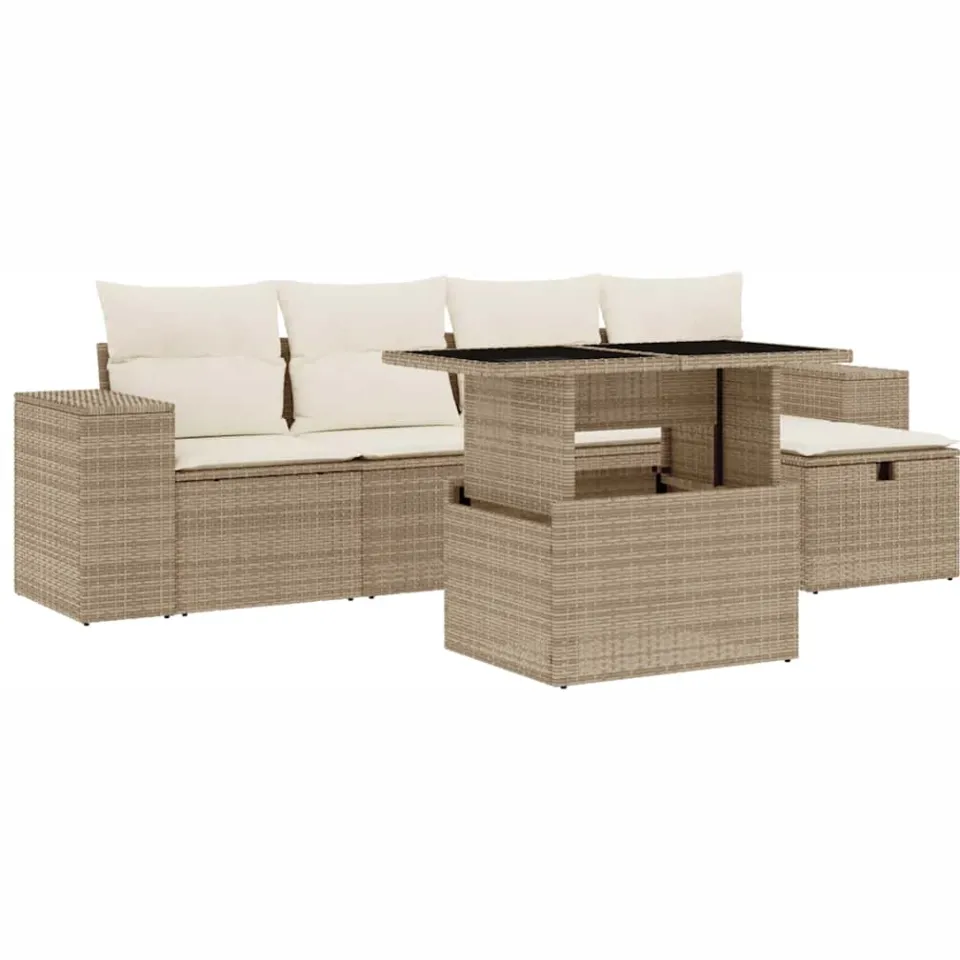 vidaXL 6-delige Loungeset met kussens poly rattan beige, foto 3
