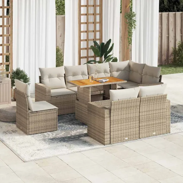 vidaXL 9-delige Loungeset met kussens poly rattan beige, foto 2