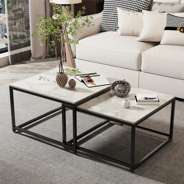 FATIVO Salontafels - Vierkante Bijzettafel - set van 2 - wit Marmer Look - zwart metalen frame - 65x40 cm & 60x36cm Glanzend wit + zwart