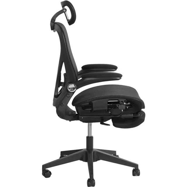 OKWISH Klappbare ergonomische bureaustoel zwart met Taillensteun, 3D hoofdsteun, verstelbare armleuningen, netmesh, pedalen