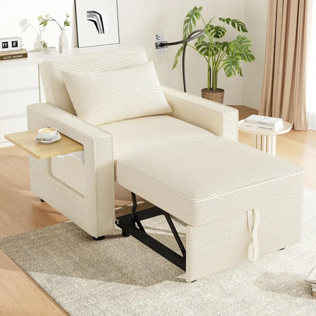 KOMHTOM BLACKCOLORS Multifunctionele opklapbare slaapbank met USB-oplaadpoort en houder voor mobiele telefoon, 1-zits relaxfauteuil om te vormen tot slaapbank, ruimtebesparend voor de woonkamer en slaapkamer, corduroy stof, beige