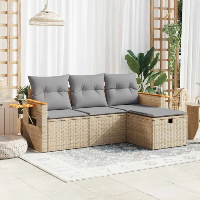 vidaXL 4-delige Loungeset met kussens poly rattan beige, foto 2