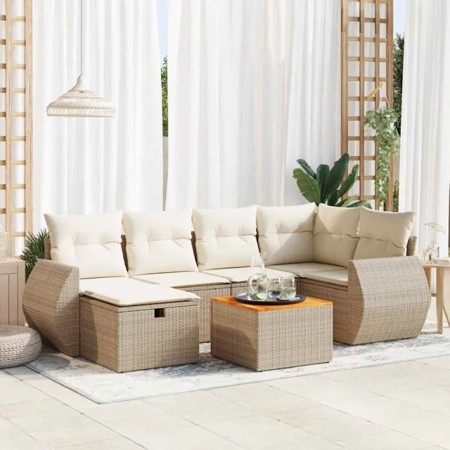 vidaXL 7-delige Loungeset met kussens poly rattan beige, foto 2