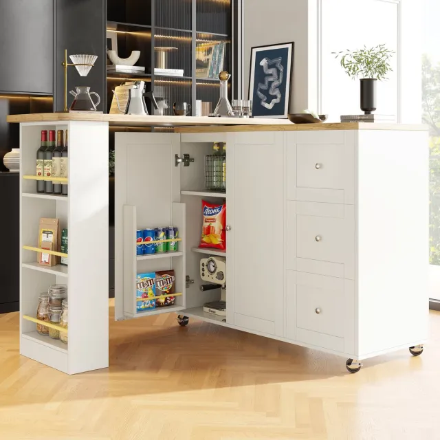 WUVRIE Draaibare bartafel 135-203 x 39 cm - 3 lades, wielen en opbergruimte - Wit