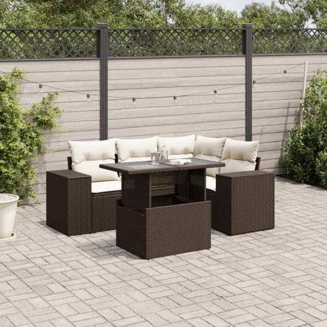 vidaXL 5-delige Loungeset met kussens poly rattan bruin, foto 2