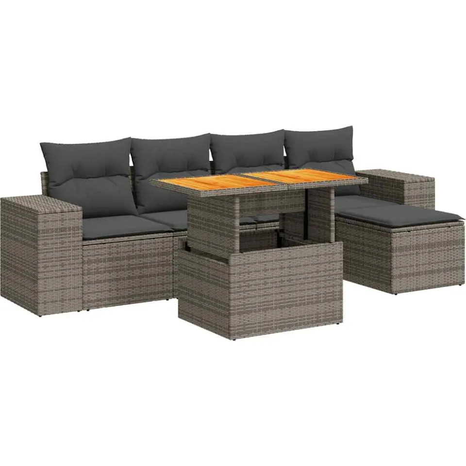 vidaXL 6-delige Loungeset met kussens poly rattan grijs, foto 3