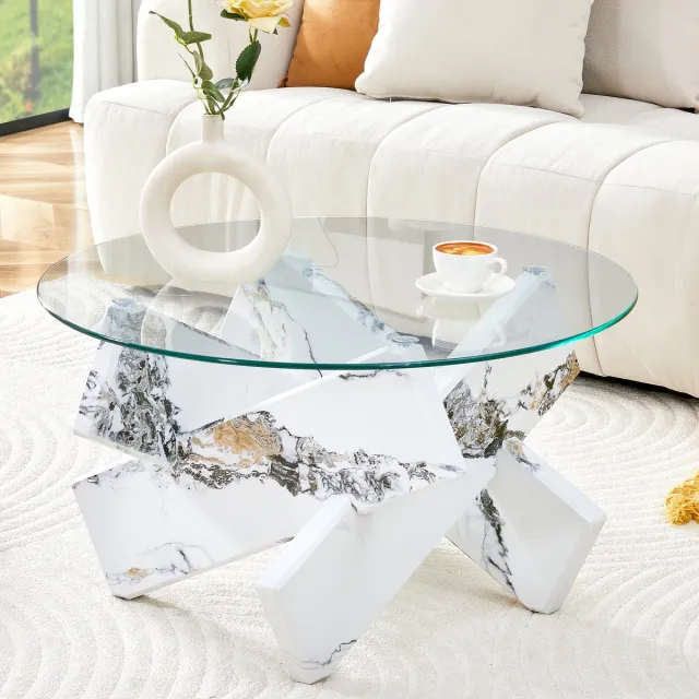 COVREO Salontafel 79 x 79 x 45 cm - rond glasblad, MDF onderstel met wit marmereffect Transparant
