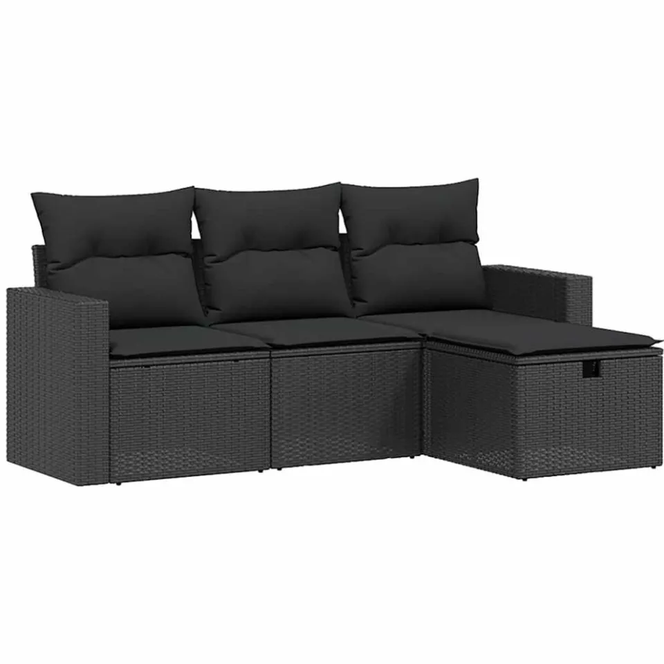 vidaXL 4-delige Loungeset met kussens poly rattan zwart, foto 3
