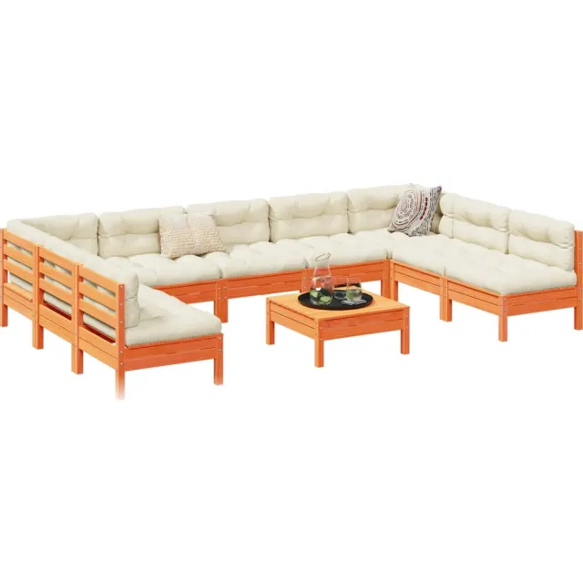 vidaXL 10-delige Loungeset met kussens massief grenenhout wasbruin
