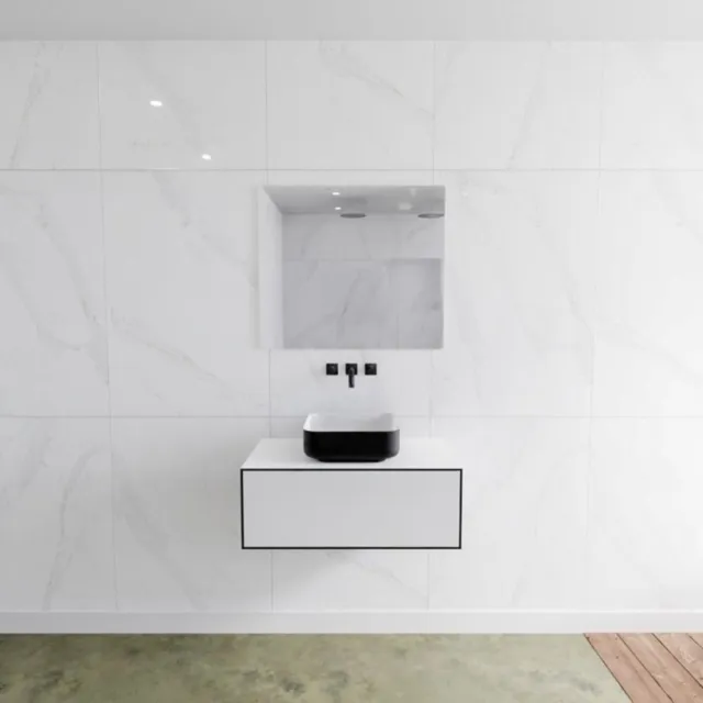 Mondiaz Badkamermeubelset Mondiaz LAGOM 80 cm Topblad met Gecentreerde Wastafel Solid Surface Opzetkom Binx Zonder Kraangat Mat Zwart (1 lade)