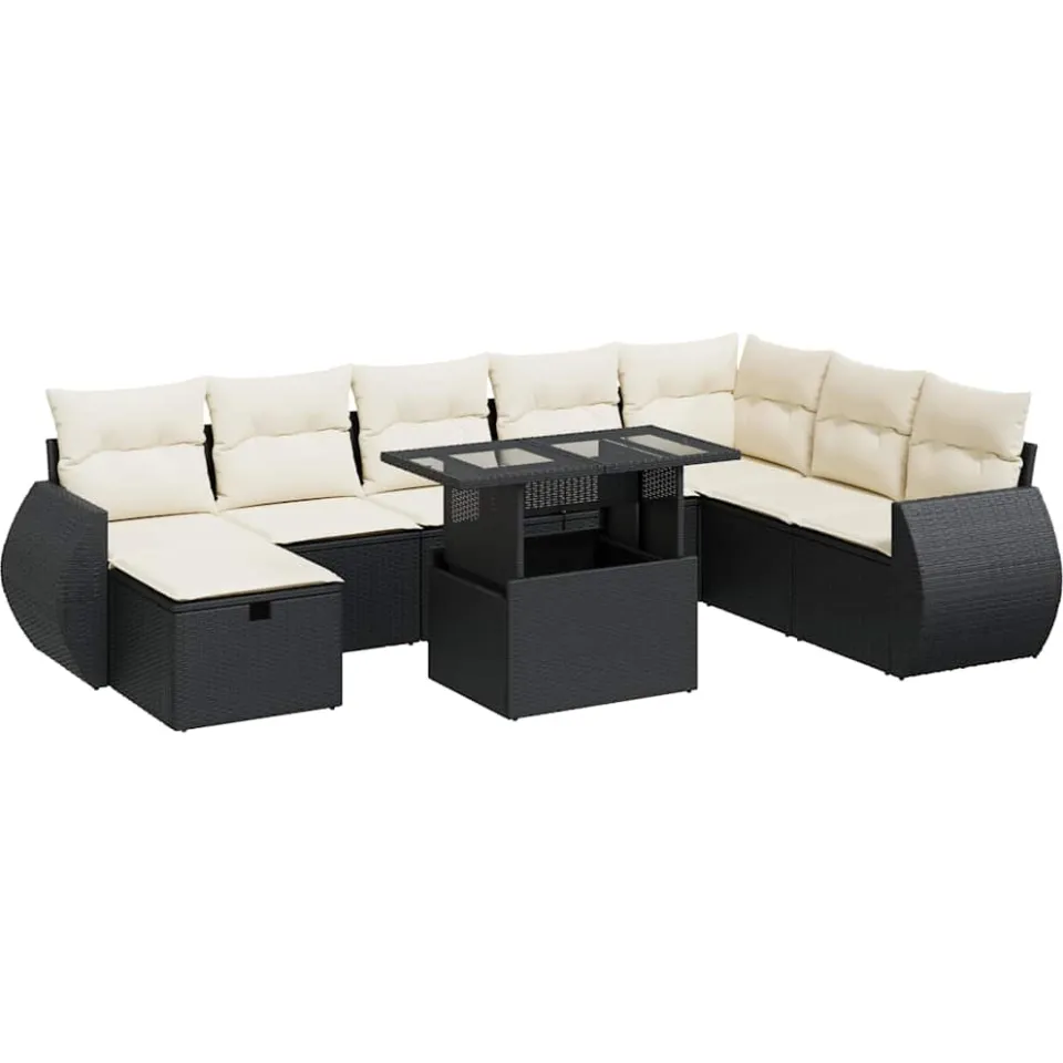 vidaXL 9-delige Loungeset met kussens poly rattan zwart, foto 3