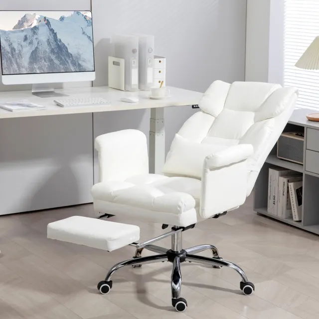 OKWISH Ergonomische Bureaustoel Met Lendensteun Voetensteun 155 Graden Verstelbaar Home Office Kunstleer Wit