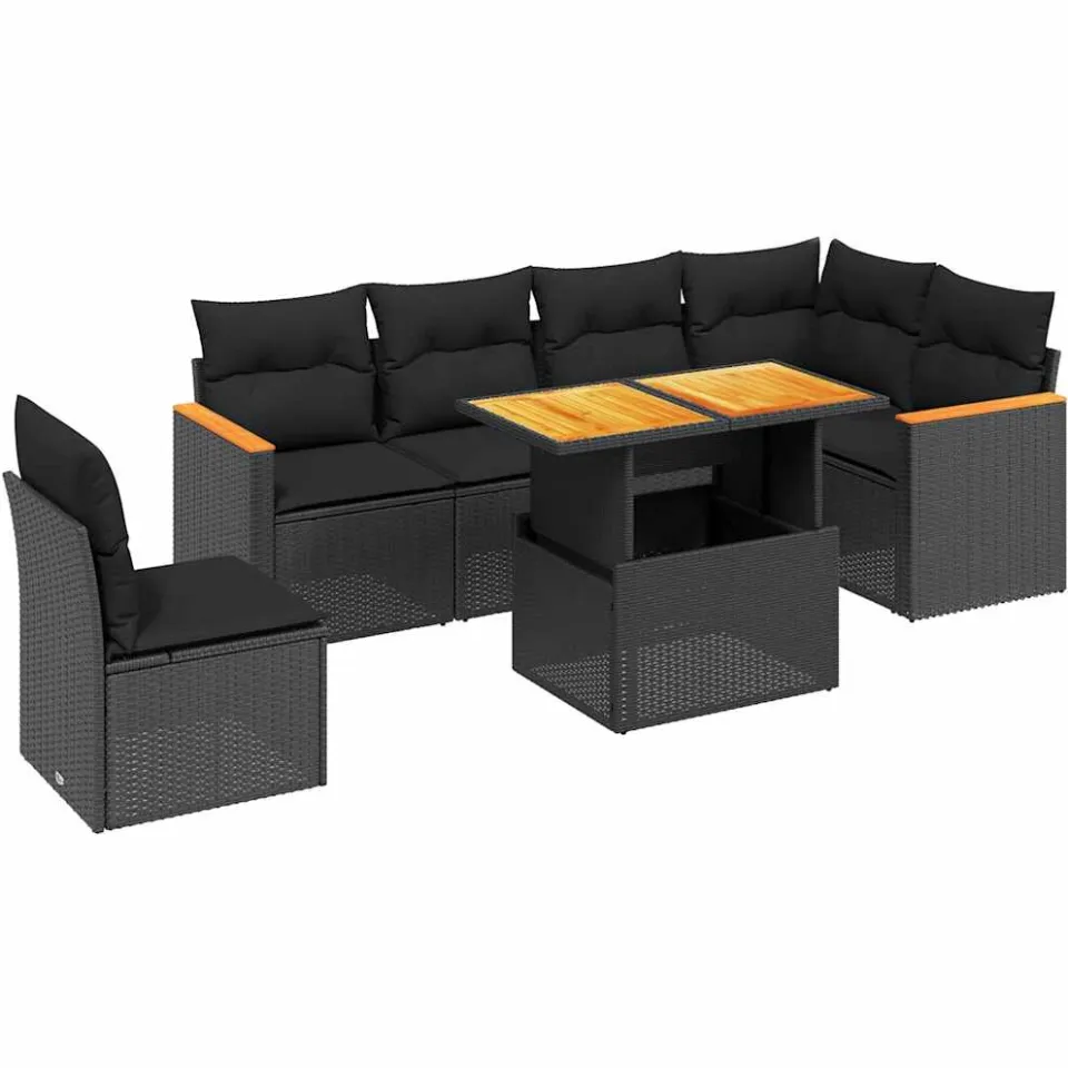 vidaXL 7-delige Loungeset met kussens poly rattan zwart, foto 4