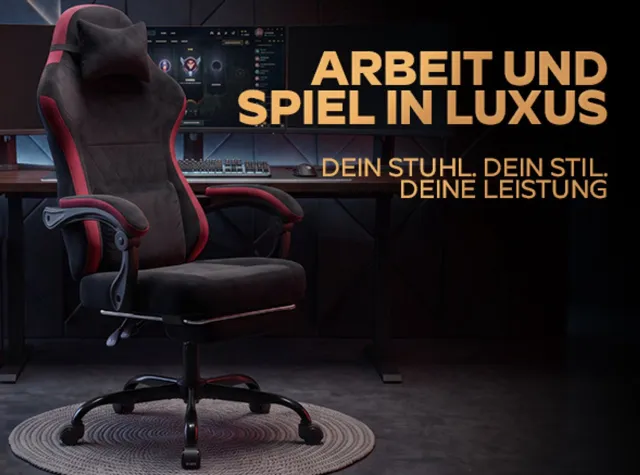 HAUSS SPOLE Gamingstoel - Ergonomische Bureaustoel - Verstelbare Zithoogte en Rugleuning - Met Hoofdsteun, Lendensteun en Voetsteun - Stof - Zwart en Rood
