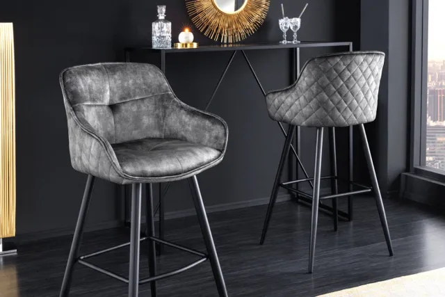 Invicta Interior Design barkruk EUPHORIA grijs fluweel zwart metalen poten barstoel met rugleuning - 43690 Zie omschrijving