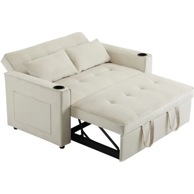 MEUBLE COSY 2-Zits Slaapbank - Uittrekbaar Fluweel Met Bekerhouder Kussens - Beige