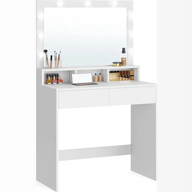 Furnihaus Kaptafel cosmeticatafel met 9 LED lampen en spiegel instelbare lichtsterkte wit