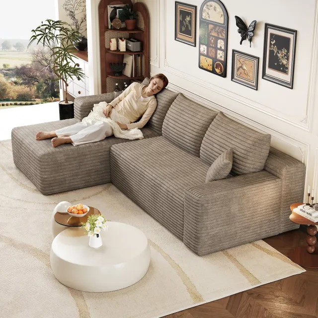 HAUSS SPOLE Hoekbank - Modulaire Chaise Longue Bank - Zonder Montage - Voor Woonkamer En Slaapkamer - Ribstof Camel