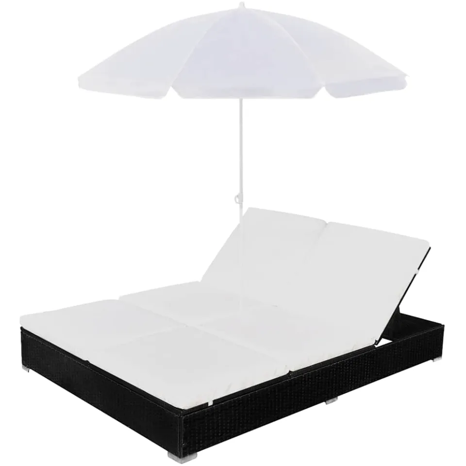 vidaXL Loungebed met parasol poly rattan zwart, foto 3