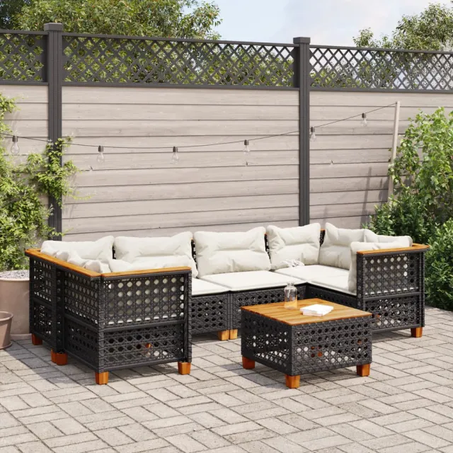 vidaXL 7-delige Loungeset met kussens poly rattan zwart, foto 2