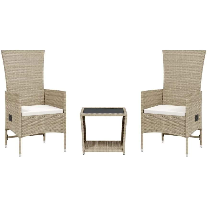 vidaXL 3-delige Tuinset met kussens poly rattan beige