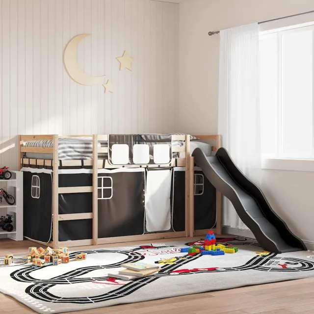 vidaXL Stapelbed met glijbaan en gordijnen wit en zwart 80x200 cm