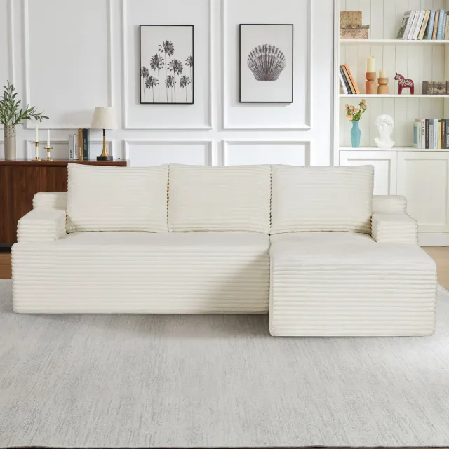 MODENUIT Hoekbank 238 cm - Modulaire L-Vorm Zonder Montage - Woonkamer en Logeerkamer - Ribstof - Beige