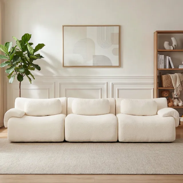 OKWISH Zitbank 3-Zits 288 x 101 x 69 cm - Dikke Zitkussens en Brede Armleuningen - Voor de Woonkamer - Chenille - Wit