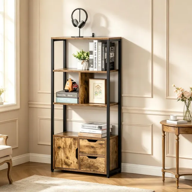 OKWISH Boekenkast Met Open Vakken En Gesloten Opbergruimte 58 X 24 X 122 Cm Metaal Houtlook Zwart Voor Woonkamer En Kantoor