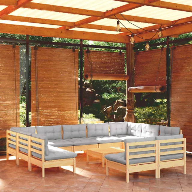 vidaXL 12-delige Loungeset met grijze kussens massief grenenhout grijs, foto 2