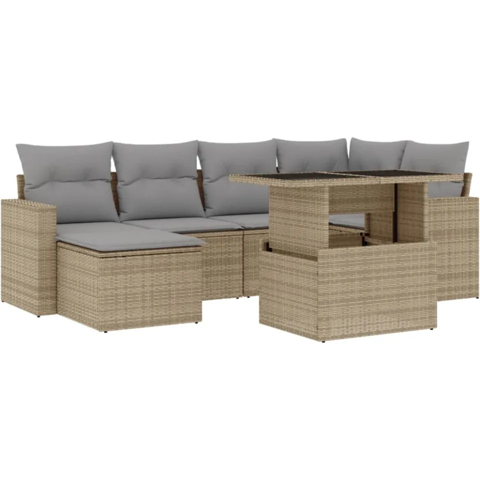 vidaXL 7-delige Loungeset met kussens poly rattan beige
