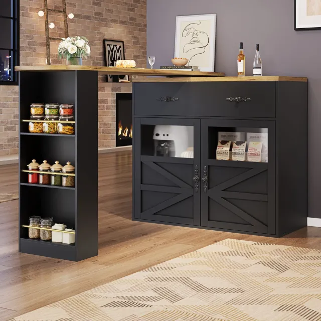 DESMIU Bartafel Met Opbergruimte En 360 Graden Draaifunctie Voor Eetkamer, Keuken En Thuiswerkplek Van MDF, Zwart, 138 Tot 204 X 39 X 104 Cm