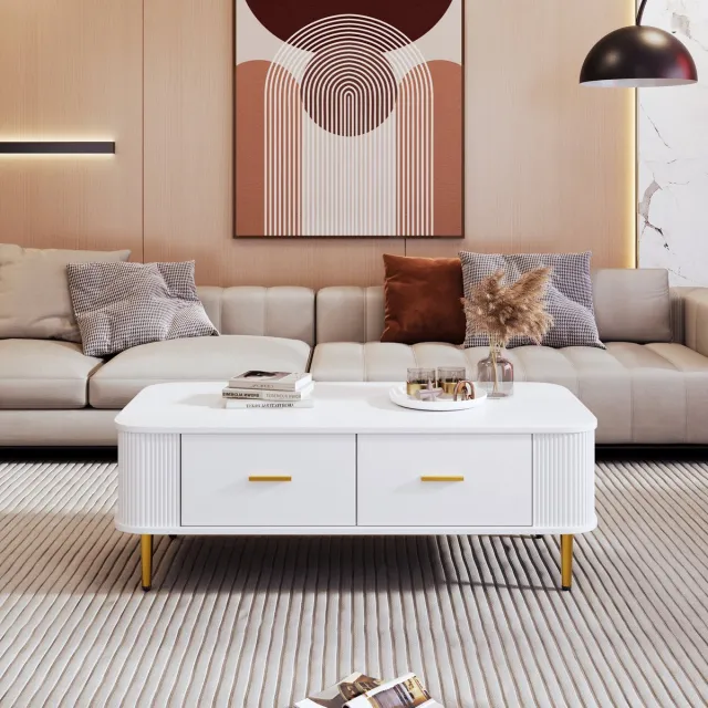 Sweiko Salontafel - 4 Laden - Ronde Hoeken - Metalen Handgrepen - Wit