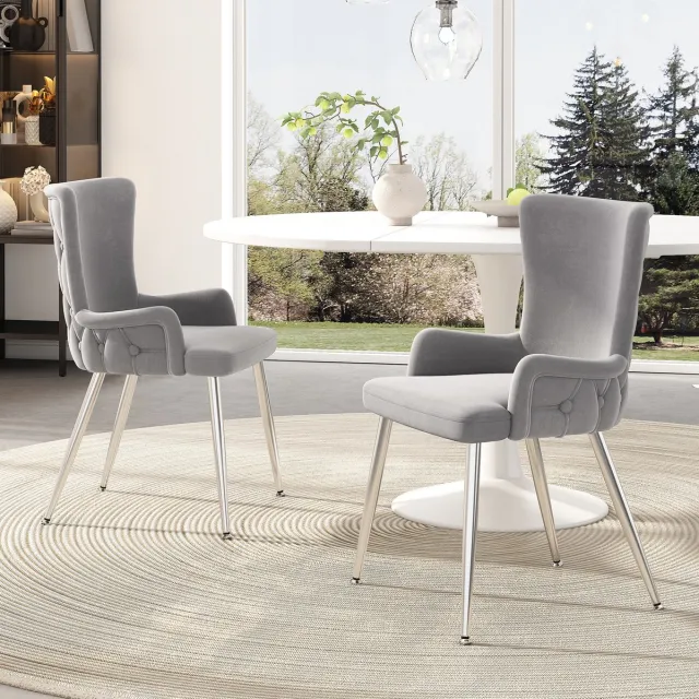Wishdor Eetkamerstoel set van 2 - Met armleuningen - Hoge rugleuning - Vier metalen poten - Modern design - Eetkamer woonkamer slaapkamer - Velvet - Grijs en zilver - 49 x 55 x 85 cm