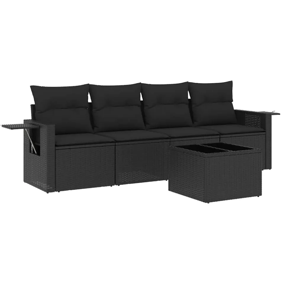 vidaXL 5-delige Loungeset met kussens poly rattan zwart, foto 3