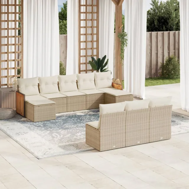 vidaXL 10-delige Loungeset met kussens poly rattan beige, foto 2