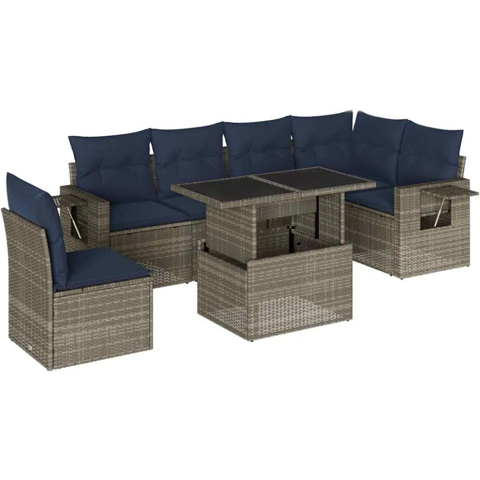 vidaXL 7-delige tuinbankset met kussens, grijs polyrotan