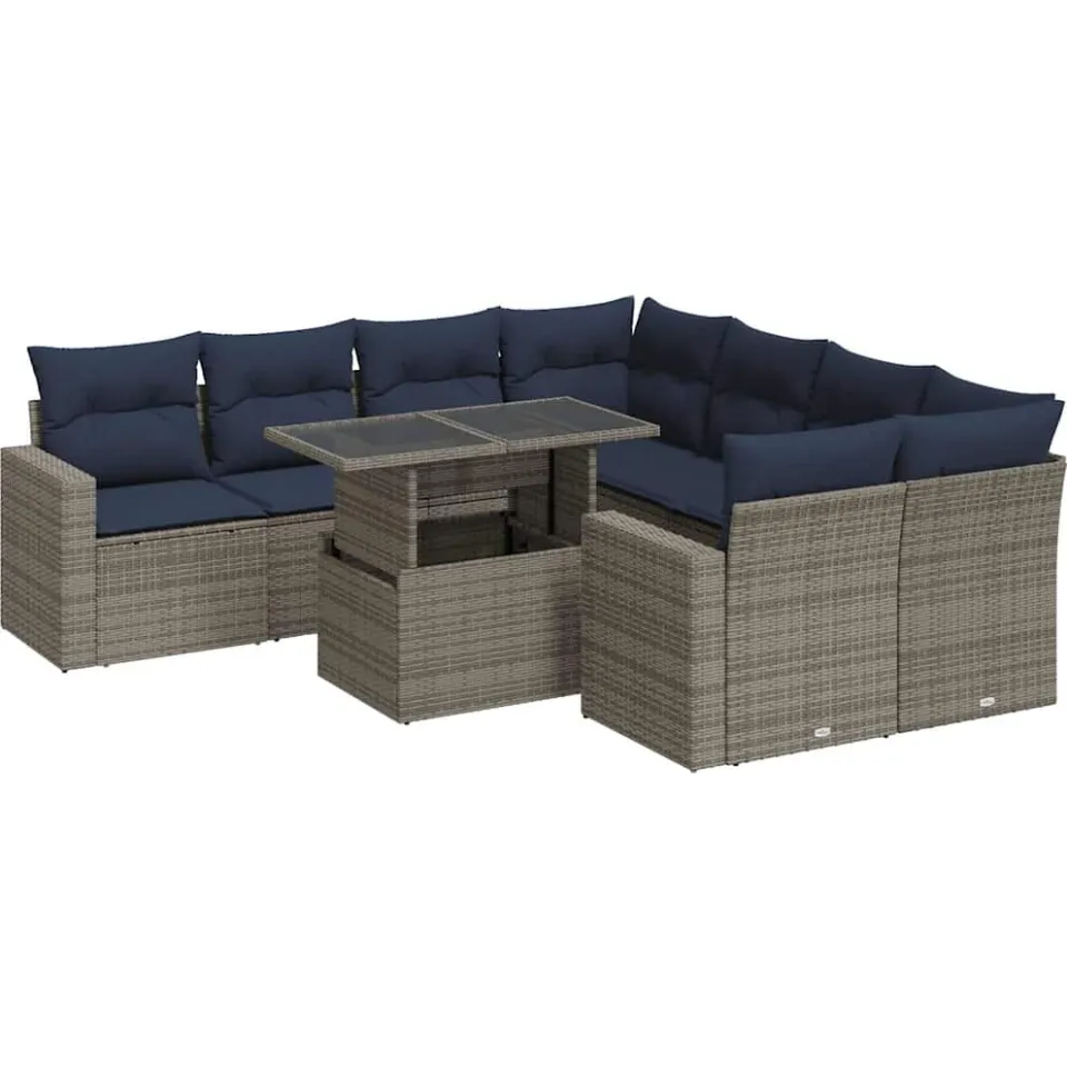 vidaXL 9-delige Loungeset met kussens poly rattan acacia grijs, foto 3