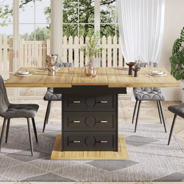 KOMHTOM Uitschuifbare Eettafel - Houten Tafel met Houtnerf - 110-140 x 80 x 75 cm - Met Uitschuifbaar Blad - Voor Keuken, Eetkamer en Terras - Geschikt voor 6 Personen Natuurlijk hout