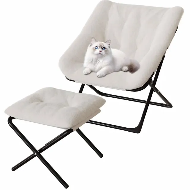 Happiq Loungestoel met Voetenbank - Opvouwbaar Oversized design - voor woonkamer en slaapkamer - Beige Kunstleer en Zwart Metaal - Koffiebruin