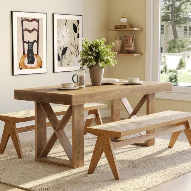 Little Trees Eettafel voor 4 tot 6 personen - 160 × 80 × 75 cm - Landelijk stevig model - Rechthoekige keukentafel woonkamer - Lichtbruin