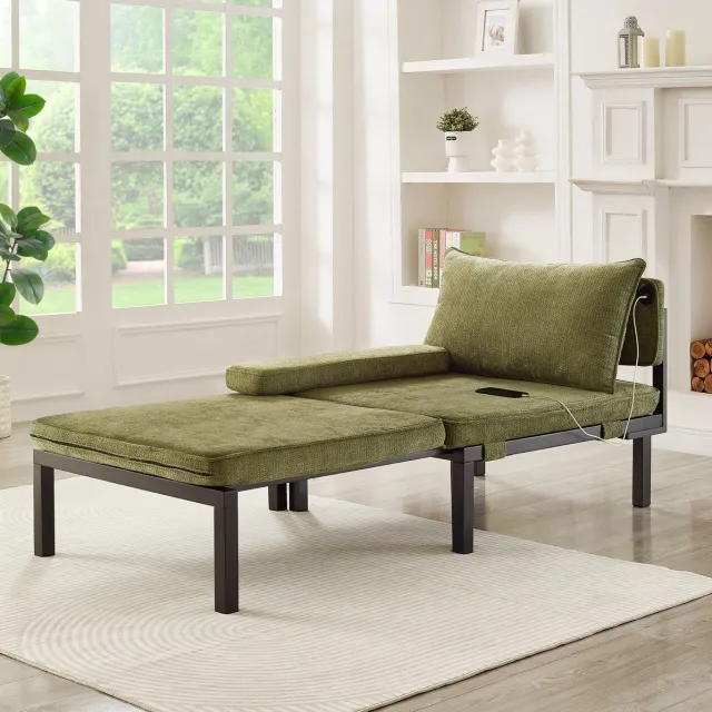COVREO Slaapbank 176x82x79 cm groen velvet met slaapfunctie en USB Type-C oplaadpoort