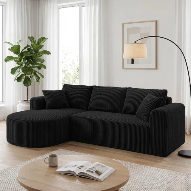 COMHOMA Hoekbank 243 cm - Corduroy L-vorm met Slaapfunctie - Zwart