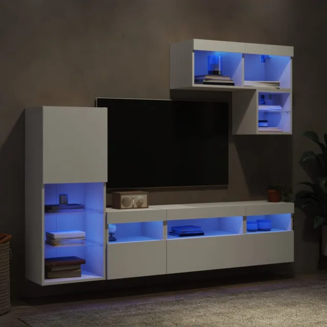 vidaXL 6-delige Tv-wandmeubelset met LED-verlichting bewerkt hout wit, foto 2
