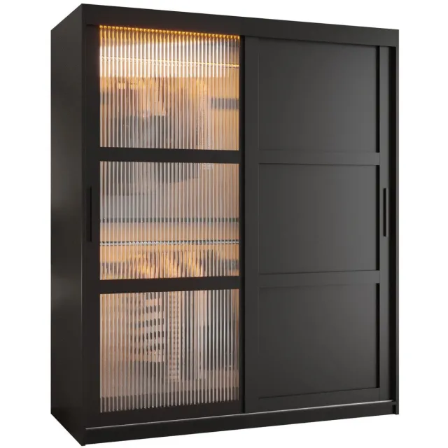 AJE Meubles B.V. Zweefdeurkast Kledingkast met 2 schuifdeuren glanzen slaapkamerkast Kledingstang met planken Garderobekast met geribbeld glas - ARTON 3 (150 cm, Zwart)