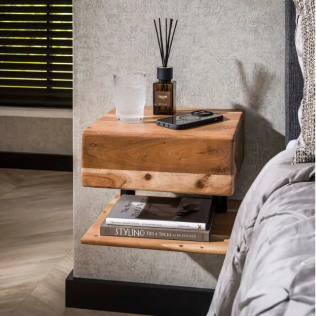 Meubelplaats Nesto - Zwevend nachtkastje - 1 lade en legplank - Acaciahout naturel - Smal - 35x31x27 cm massief acacia naturel